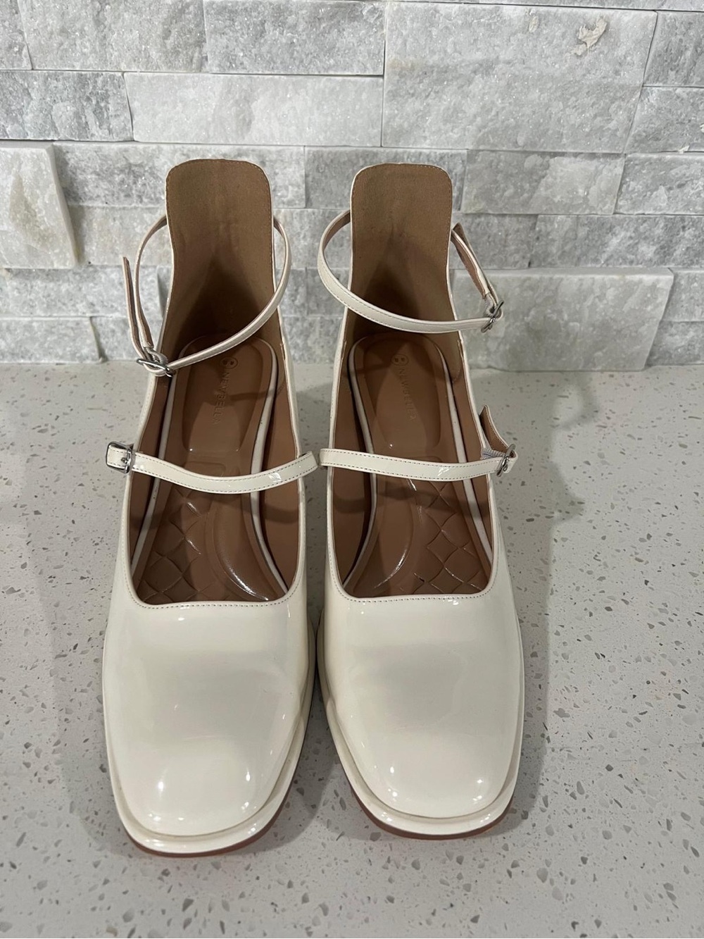 Patent Mary Jane Block Heel Pumps in Cream - Picture 4 of 6